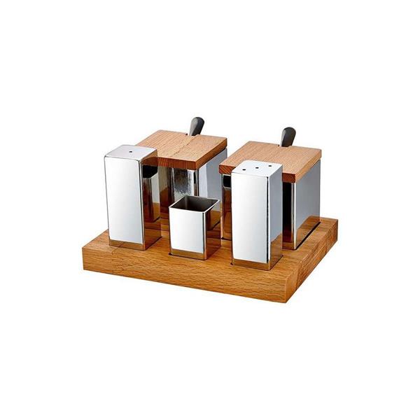 Ahşap Standlı 5'li Kare Tuzluk Baharatlık Takımı