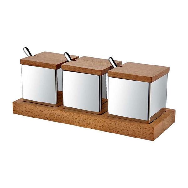 Ahşap Standlı 3'lü Kare Baharatlık Takımı